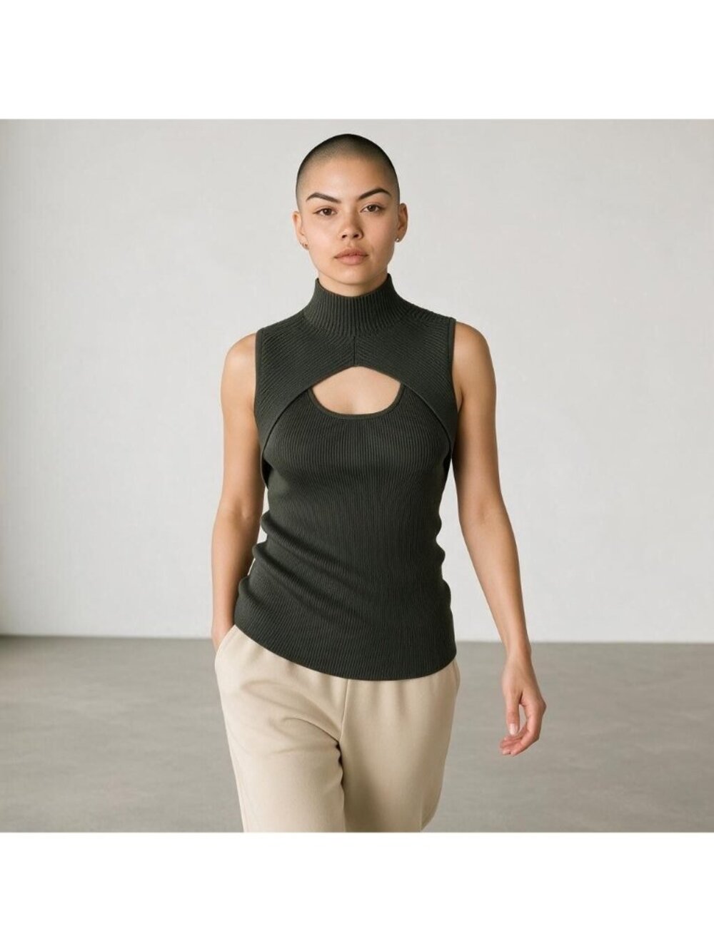 White House Black Market Top L Sergeant Ribbed Cutout Mock Neck Sleeveless NWT